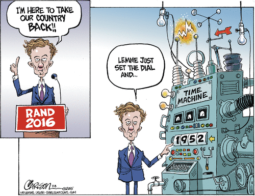 Rand:  I'm here to take our country back.  (Standing next to time machine)  Back to 1952.