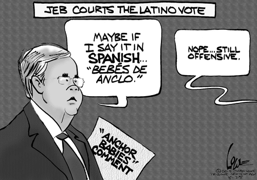 Title:  Jeb Bush courts the Latino vote.  Image:  Jeb holding paper entitled 