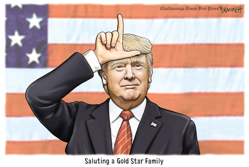 Title:  Supporting a Gold Star Family.  Image:  Donald Trump before and American flag making the 