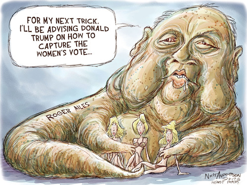 Roger Ailes as Jabba the Hut clutching two women and saying, 