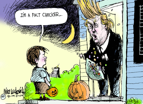 Little boy trick-or-treating Donald Trump says, 
