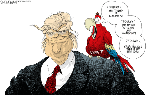 Donald Trump with evil grin.  Parrot labeled 