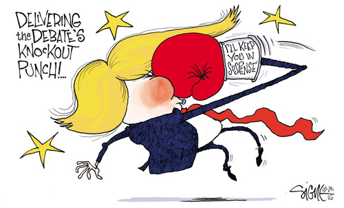 Title:  Delivering the debate's knock-out punch.  Image:  Donald Trump hitting himself in the face.