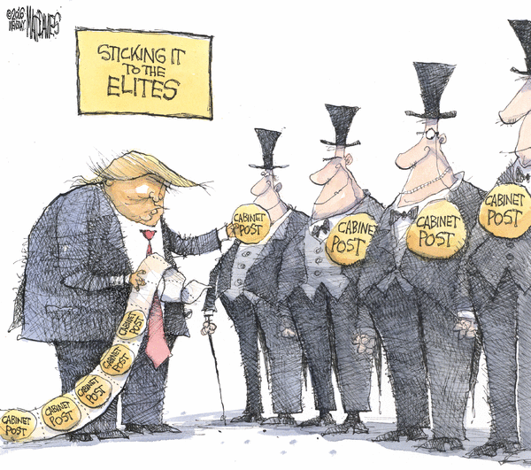 Caption:  Sticking It to the Elites.  Image:  Donald Trump sticking 