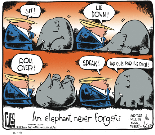 Caption:  An elephant never forgets.  Image One:  Trump says, 