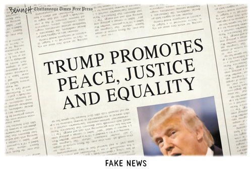 Headline:  Trump Promotes Peace, Justice, and Equality.  Caption:  Fake News