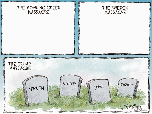 Image One: The Bowling Green Massacre  (nothing in frame).  Image Two, The Sweden Massacre (nothing in frame).  Image Three, the Trump Massacre (frame contains tombstones of truth, logic, civility, dignity).
