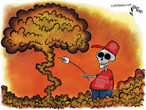 Skeleton wearing Trump hat and tee shirt toastong a marshmnallow at a mushroom cloud.