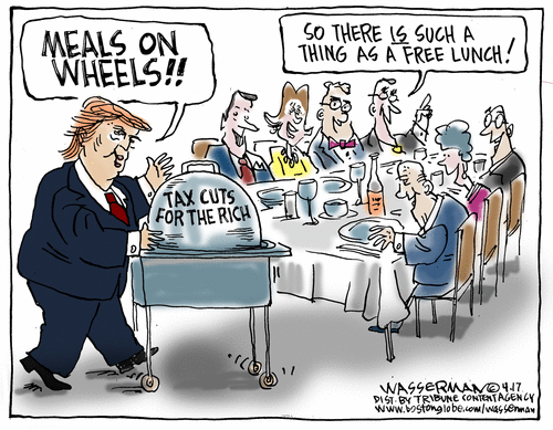 Plutcrats sitting around a table as Donald Trump wheels in a serving cart labeled 