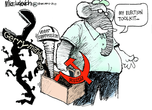 Republican elephant dressed as handyman carrying toolkit containing voter suppression, gerrymandering, and Russia.  Elephant says, 