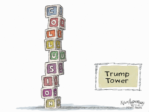 Caption:   Trump Tower.  Image:  Child's alphabet blocks stacked one on top of another spelling 