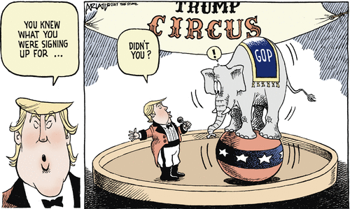 Donald Trump as ringmaster to GOP Elephant tottering on a stand:  You knew what you signed up for, didn't you?