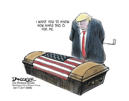 Donald Trump standing over flag-covered coffin of fallen soldier saying, 