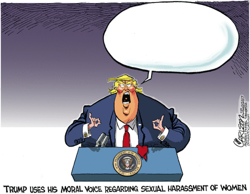 Image:  Donald Trump with an empty speed balloon coming out of this mouth.  Caption:  Trump uses his moral voice to speak out about sexual harassment of women.