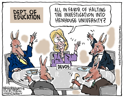 Betsy DeVos at Department of Education meeting sitting at a table with three foxes asks, 
