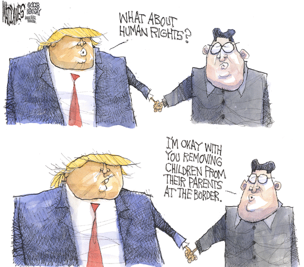 Donald Trump and Kim Jong-Un holding hands.  Trump says, 
