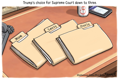 Title: Trump's choice for Supreme Court down to three.  Image:  Three folders labeled 