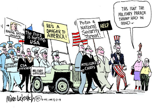 Parade if retired military officers, intelligence chiefs, and the like carrying signs reading, 