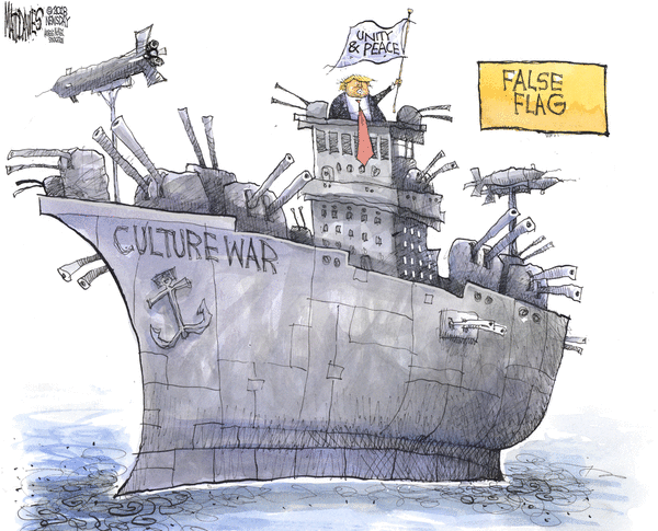 Title:  False Flag.  Image:  Donald Trump aboard a fearsome warship named 