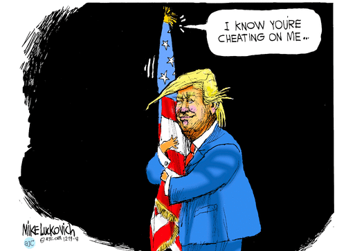 Donald Trump hugging the American flag as the flag says, 