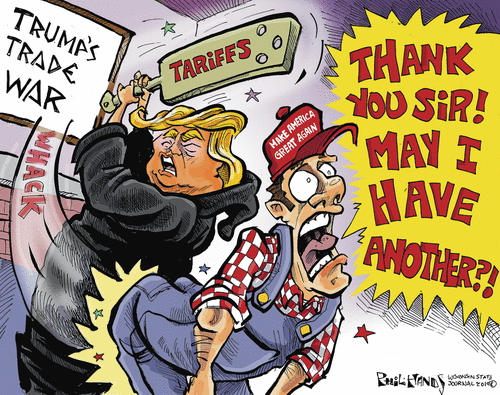 Title:  Trump's Trade War.  Image:  Farmer wearing MAGA hat bent over as Donald Trump smacks him in the read with a paddle labeled 