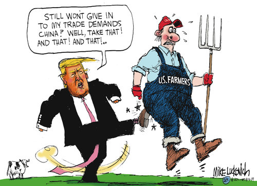 Donald Trump kicking U. S. Farmers in the rear while saying, 