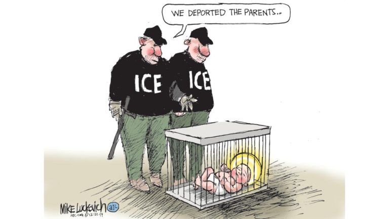Two ICE enforcers looking at baby in cage.  One says to the other, 