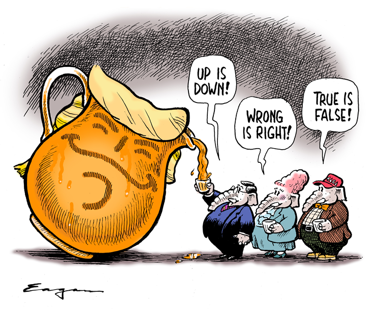 Republicans drinking from a Kool-Aid pitcher bearing Donald Trump's face while saying, 
