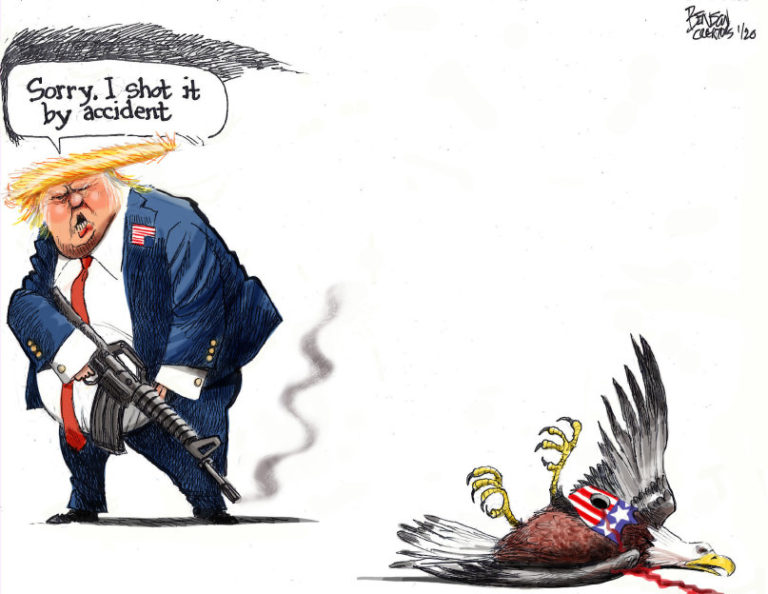 Donald Trump holding a rifle and looking at American Eagle says, 