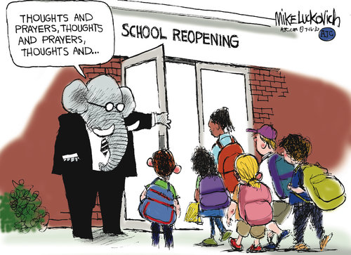 Republican Elephant holding school doors open for returning children, while saying, 