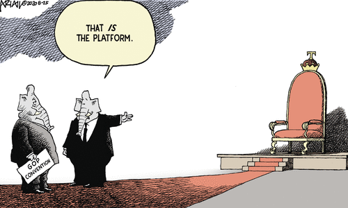 Two Republican Elephants looking a royal throne on a raised dias.  One says to the other, 