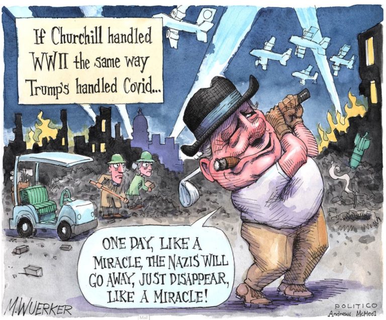 Caption:  If Chruchill handled WWII the same way Trump's handled COVID.  Image:  Winston Churchill on golf course as Nazis bomb London saying, 