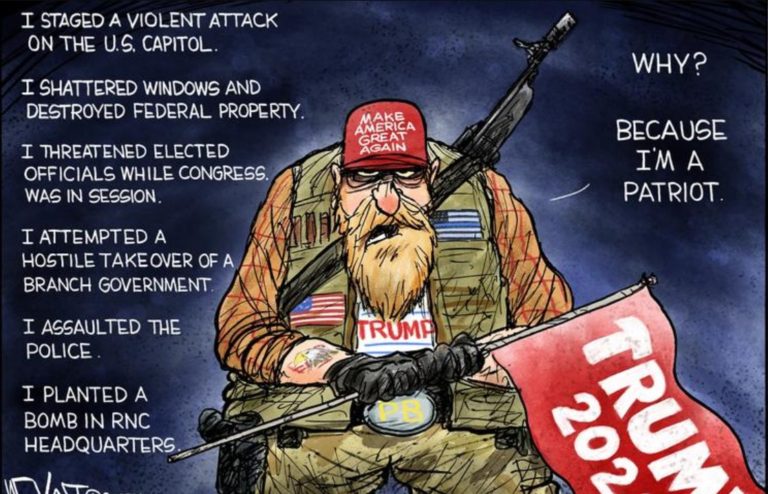 Heavily armed slovenly man wearing a MAGA hat, dressed in camo, and holding 