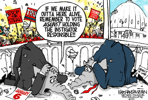Two Republican Elephants crouching under cover during the January 6 attack on the Capitol.  One says to the other, 