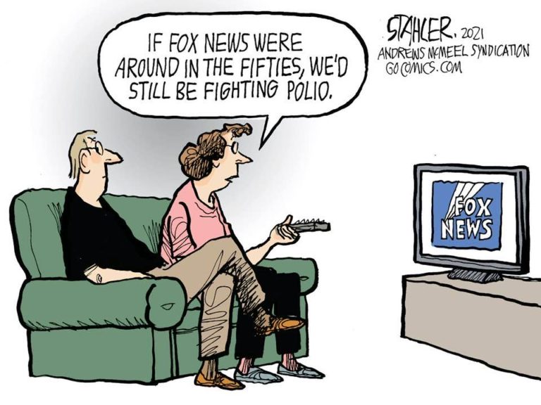 Man and woman watching Fox News.  Woman says, 