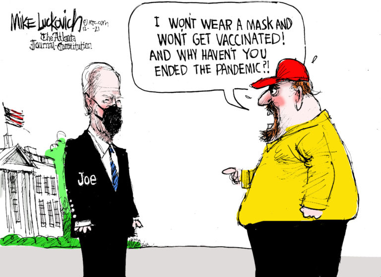 Maskless red-hatted man says to a masked Joe Biden, 