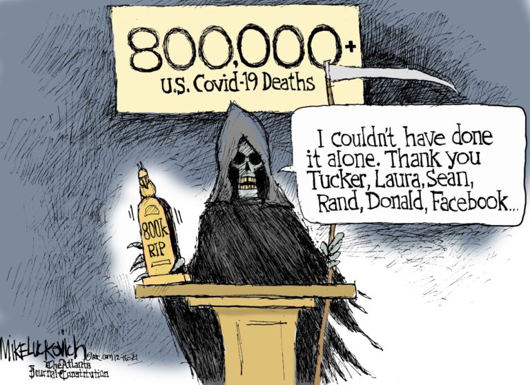 Caption:  800,000+ U. S. COVID-19 Deaths.  Image:  Death accepting an award labeled 