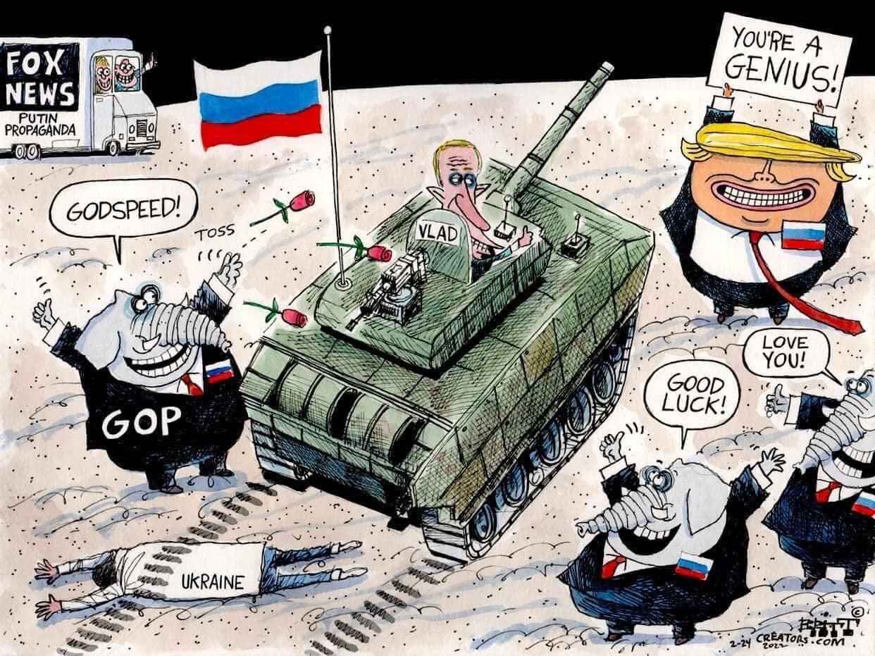 GOP Elephants standing around a tank driven by Putin, which has crushed a figure labeled 