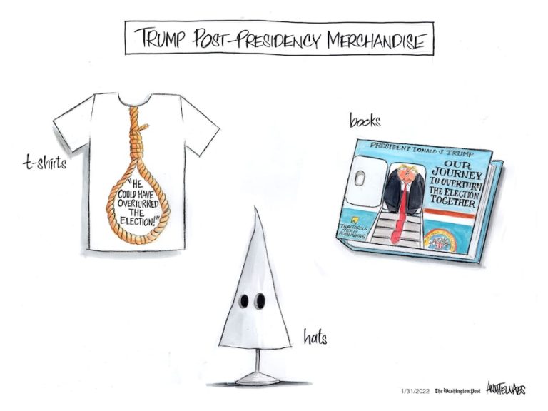 Title:  Trump Post-Presidency Merchandise.  Image:  A tee-shirt with a picture of a noose bearing the words, 