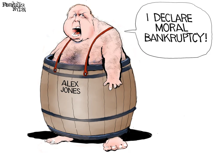 Alex Jones, wearing a barrel with suspenders, says, 