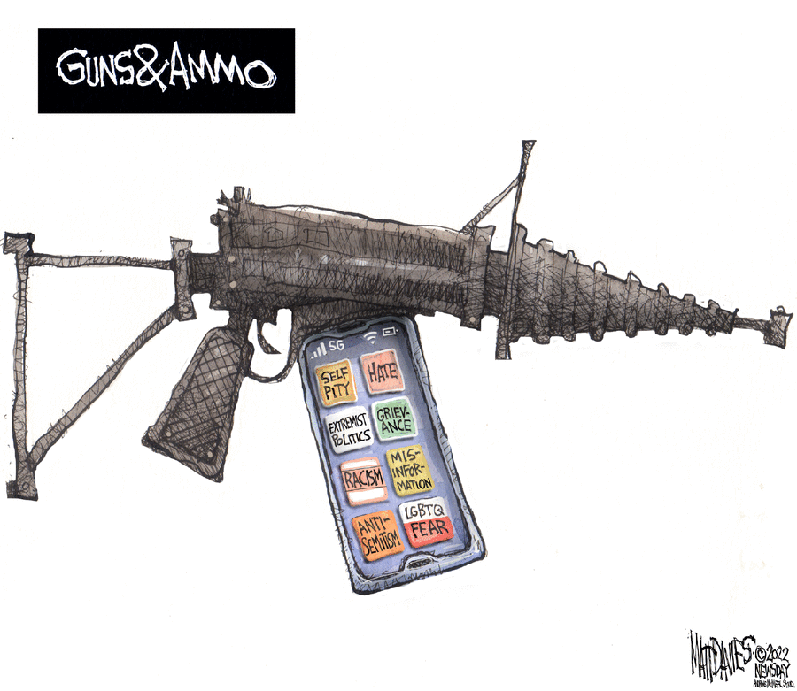 Caption:  Guns & Ammo.  Image:  Assault rifle with a magazine loaded with hate. self-pity, extremist politics, grievance, racism, misinformation, anti-semitism, and LGBTQ fear.