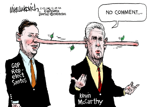GOP Representative-elect Santos stands next to Kevin McCarthy.  Santos's nose, like Pinnochio's has grown with each lie, so that it now reaches in one of McCarthy's ears and out the other one.  McCarthy says, 