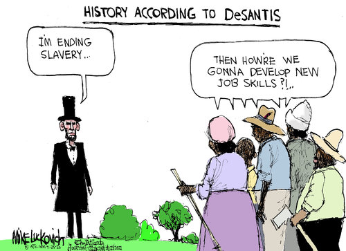 Caption:  History According to DeSantis.  Image:  Abraham Lincoln says, 